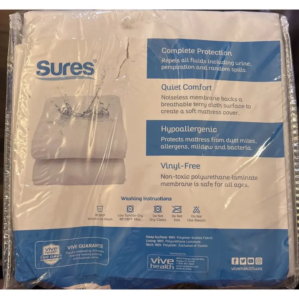 Sures Waterproof Mattress Protector Twin XL New In Plastic! Hypoallergenic